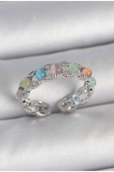 Pirinç Gümüş Renk Renkli Mineli Ayarlanabilir Kadın Yüzük