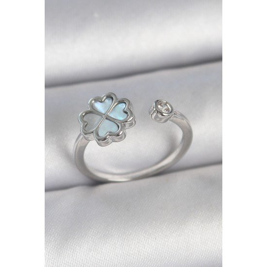 Pirinç Gümüş Renk Mavi Mineli Yonca Model Zirkon Taş Detay Ayarlanabilir Kadın Yüzük