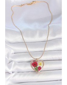 316L Çelik Gold Renk Zincir Epokis Kalp Doğal Çiçek Model Kadın Kolye