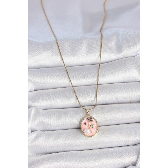 316L Çelik Gold Renk Zincir Pembe Çiçek İşlemeli İnci Detay Portre Model Kadın Kolye