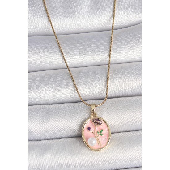 316L Çelik Gold Renk Zincir Pembe Çiçek İşlemeli İnci Detay Portre Model Kadın Kolye
