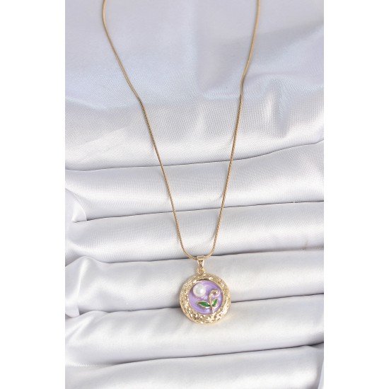 316L Çelik Gold Renk Zincir Mor Çiçek İşlemeli İnci Detay Potre Model Kadın Kolye 316L Çelik Gold Renk Zincir Mor Çiçek İşlemeli İnci Detay Potre Model Kadın Kolye