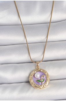 316L Çelik Gold Renk Zincir Mor Çiçek İşlemeli İnci Detay Potre Model Kadın Kolye