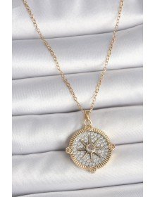 316L Çelik Gold Renk Zirkon Taşlı Pusula Model Kadın Kolye