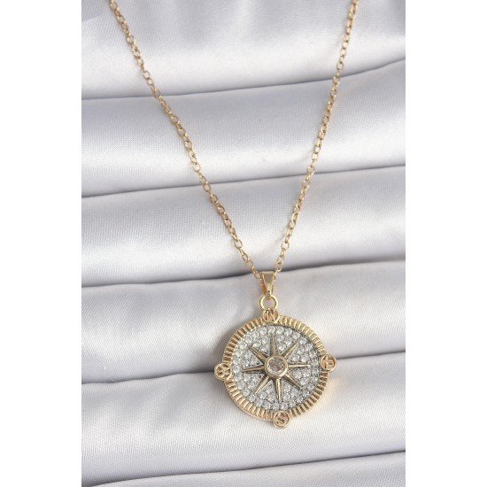 316L Çelik Gold Renk Zirkon Taşlı Pusula Model Kadın Kolye