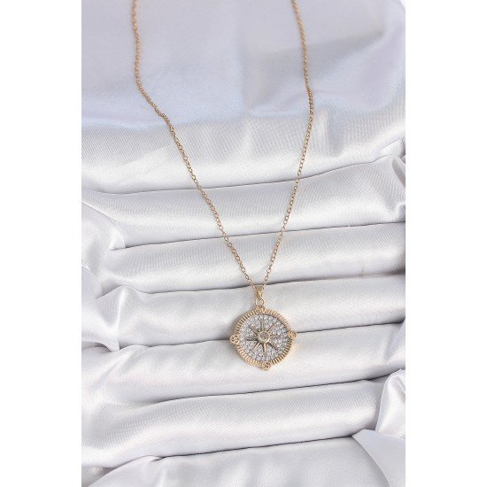 316L Çelik Gold Renk Zirkon Taşlı Pusula Model Kadın Kolye