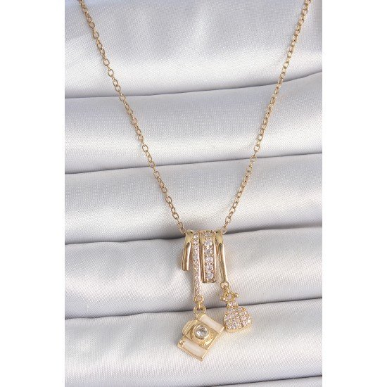 316L Çelik Gold Renk Zirkon Taşlı Sallantı Fotoğraf Makinası Figür Charm Kadın Kolye