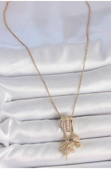 316L Çelik Gold Renk Zirkon Taşlı Sallantı Melek Figür Charm Kadın Kolye