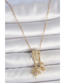 316L Çelik Gold Renk Zirkon Taşlı Sallantı Melek Figür Charm Kadın Kolye