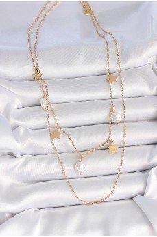 316L Çelik Gold Renk 2'Li Zincir Sallantı Yıldız İnci Model Kadın Kolye