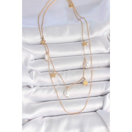 316L Çelik Gold Renk 2'Li Zincir Sallantı Yıldız İnci Model Kadın Kolye