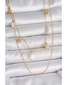 316L Çelik Gold Renk 2'Li Zincir Sallantı Yıldız İnci Model Kadın Kolye