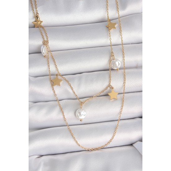316L Çelik Gold Renk 2'Li Zincir Sallantı Yıldız İnci Model Kadın Kolye