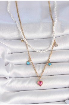 316L Çelik Gold Renk 2'Li İnci Zincir Model Pembe Taşlı Kalp Figür Nazar Boncuk Detay Kadın Kolye