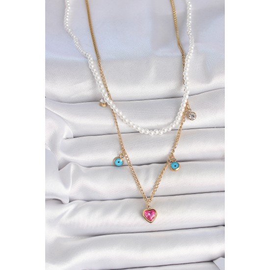 316L Çelik Gold Renk 2'Li İnci Zincir Model Pembe Taşlı Kalp Figür Nazar Boncuk Detay Kadın Kolye