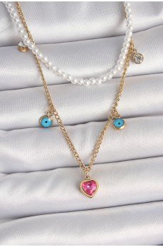 316L Çelik Gold Renk 2'Li İnci Zincir Model Pembe Taşlı Kalp Figür Nazar Boncuk Detay Kadın Kolye