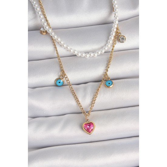 316L Çelik Gold Renk 2'Li İnci Zincir Model Pembe Taşlı Kalp Figür Nazar Boncuk Detay Kadın Kolye