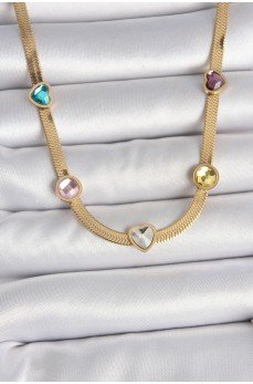 316L Çelik Gold Renk İtalyan Zincir Renkli Zirkon Taşlı Kalp Figür Kadın Kolye