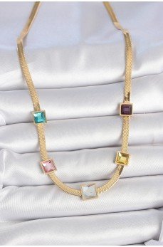 316L Çelik Gold Renk İtalyan Zincir Model Kare Renkli Zirkon Taşlı Kadın Kolye