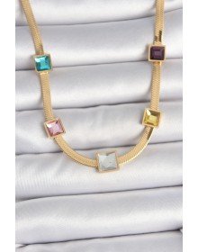 316L Çelik Gold Renk İtalyan Zincir Model Kare Renkli Zirkon Taşlı Kadın Kolye