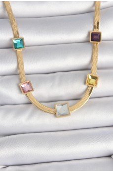 316L Çelik Gold Renk İtalyan Zincir Model Kare Renkli Zirkon Taşlı Kadın Kolye
