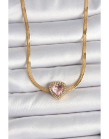 316L Çelik Gold Renk İtalyan Zincir Pembe Zirkon Taşlı Kalp Model Kadın Kolye