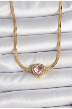 316L Çelik Gold Renk İtalyan Zincir Pembe Zirkon Taşlı Kalp Model Kadın Kolye