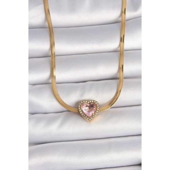 316L Çelik Gold Renk İtalyan Zincir Pembe Zirkon Taşlı Kalp Model Kadın Kolye
