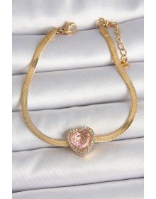 316L Çelik Gold Renk İtalyan Zincir Pembe Zirkon Taşlı Kalp Model Kadın Bileklik