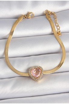 316L Çelik Gold Renk İtalyan Zincir Pembe Zirkon Taşlı Kalp Model Kadın Bileklik 316L Çelik Gold Renk İtalyan Zincir Pembe Zirkon Taşlı Kalp Model Kadın Bileklik