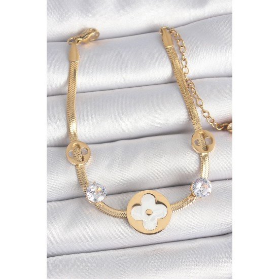 316L Çelik Gold Renk İtalyan Zincir Beyaz Mineli Yonca Model Zirkon Taş Detaylı Kadın Bileklik 316L Çelik Gold Renk İtalyan Zincir Beyaz Mineli Yonca Model Zirkon Taş Detaylı Kadın Bileklik