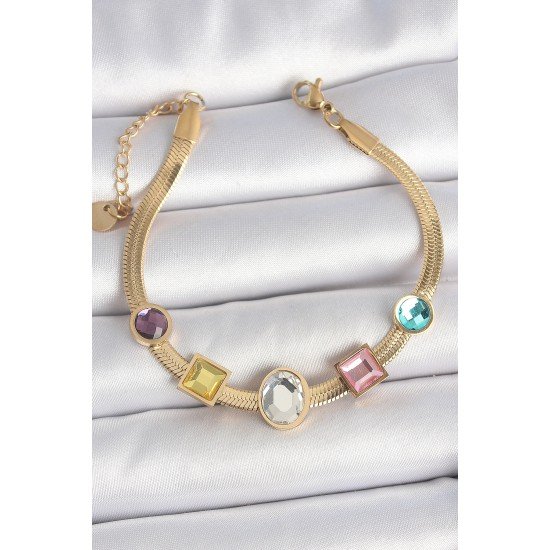 316L Çelik Gold Renk İtalyan Zincir Renkli Zirkon Taşlı Kadın Bileklik