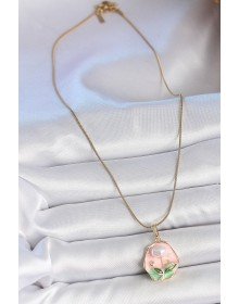 316L Çelik Gold Renk Zincir Pembe Çiçek İşlemeli İnci Detay Portre Model Kadın Kolye
