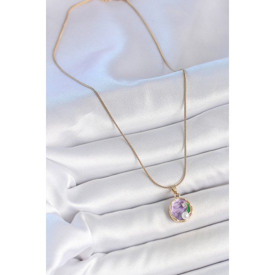 316L Çelik Gold Renk Zincir Mor Çiçek İşlemeli Zirkon Taş İnci Detaylı Minimal Portre Model Kadın Kolye