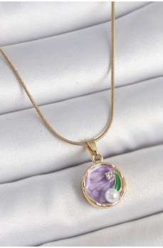 316L Çelik Gold Renk Zincir Mor Çiçek İşlemeli Zirkon Taş İnci Detaylı Minimal Portre Model Kadın Kolye