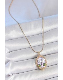 316L Çelik Gold Renk Mor İncili Çiçek İşlemeli Portre Model Kadın Kolye