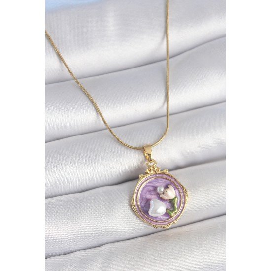 316L Çelik Gold Renk Zincir Mor Mineli İncili Çiçek İşlemeli Portre Model Kadın Kolye