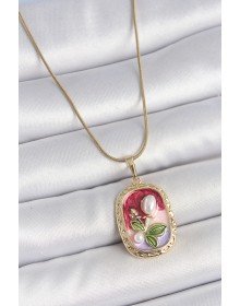 316L Çelik Gold Renk Zincir Mix Renk İncili Çiçek İşlemeli Portre Model Kadın Kolye