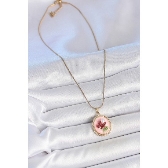 316L Çelik Gold Renk Zincir Pembe Mineli İncili Çiçek İşlemeli Portre Model Kadın Kolye
