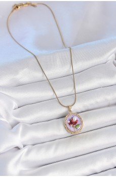 316L Çelik Gold Renk Zincir Mor Mineli İncili Çiçek İşlemeli Portre Model Kadın Kolye