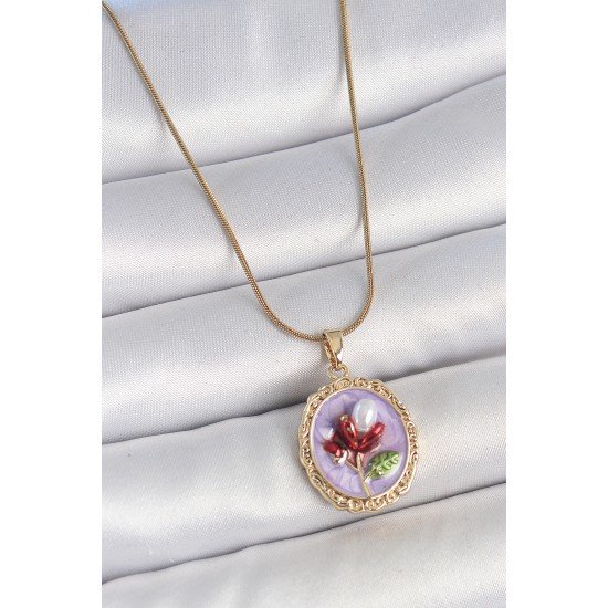 316L Çelik Gold Renk Zincir Mor Mineli İncili Çiçek İşlemeli Portre Model Kadın Kolye 316L Çelik Gold Renk Zincir Mor Mineli İncili Çiçek İşlemeli Portre Model Kadın Kolye