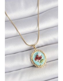 316L Çelik Gold Renk Zincir Turkuaz Mineli İncili Çiçek İşlemeli Portre Model Kadın Kolye