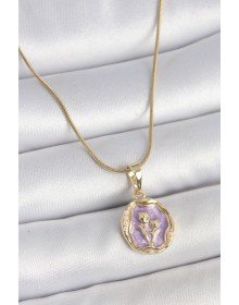 316L Çelik Gold Renk Zincir Mor Mineli Çiçek İşlemeli Portre Model Kadın Kolye