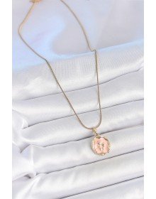 316L Çelik Gold Renk Zincir Pembe Mineli Çiçek İşlemeli Portre Model Kadın Kolye