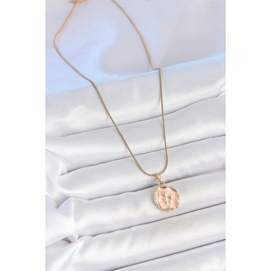 316L Çelik Gold Renk Zincir Pembe Mineli Çiçek İşlemeli Portre Model Kadın Kolye