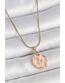 316L Çelik Gold Renk Zincir Pembe Mineli Çiçek İşlemeli Portre Model Kadın Kolye
