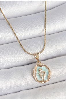 316L Çelik Gold Renk Zincir Turkuaz Mineli Çiçek İşlemeli Portre Model Kadın Kolye