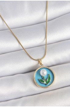 316L Çelik Gold Renk Zincir Mavi Mineli İncili Çiçek İşlemeli Portre Model Kadın Kolye