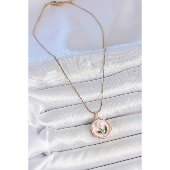 316L Çelik Gold Renk Zincir Pembe Mineli İncili Çiçek İşlemeli Portre Model Kadın Kolye