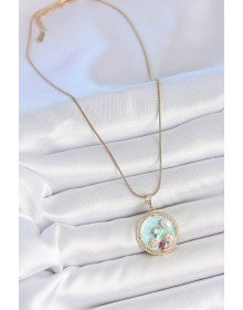 316L Çelik Gold Renk Zincir Mavi Mineli İnci Çiçek İşlemeli Zirkon Taş Detaylı Madalyon Model Kadın Kolye